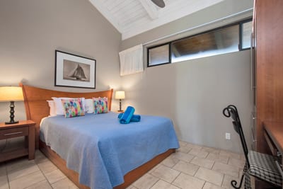A cozy guest retreat where soft blue bedding and vibrant pillows meet vaulted ceilings and warm tones