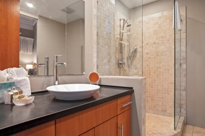 Designed for peaceful routines, this modern master bath offers upscale finishes and a thoughtfully open layout
