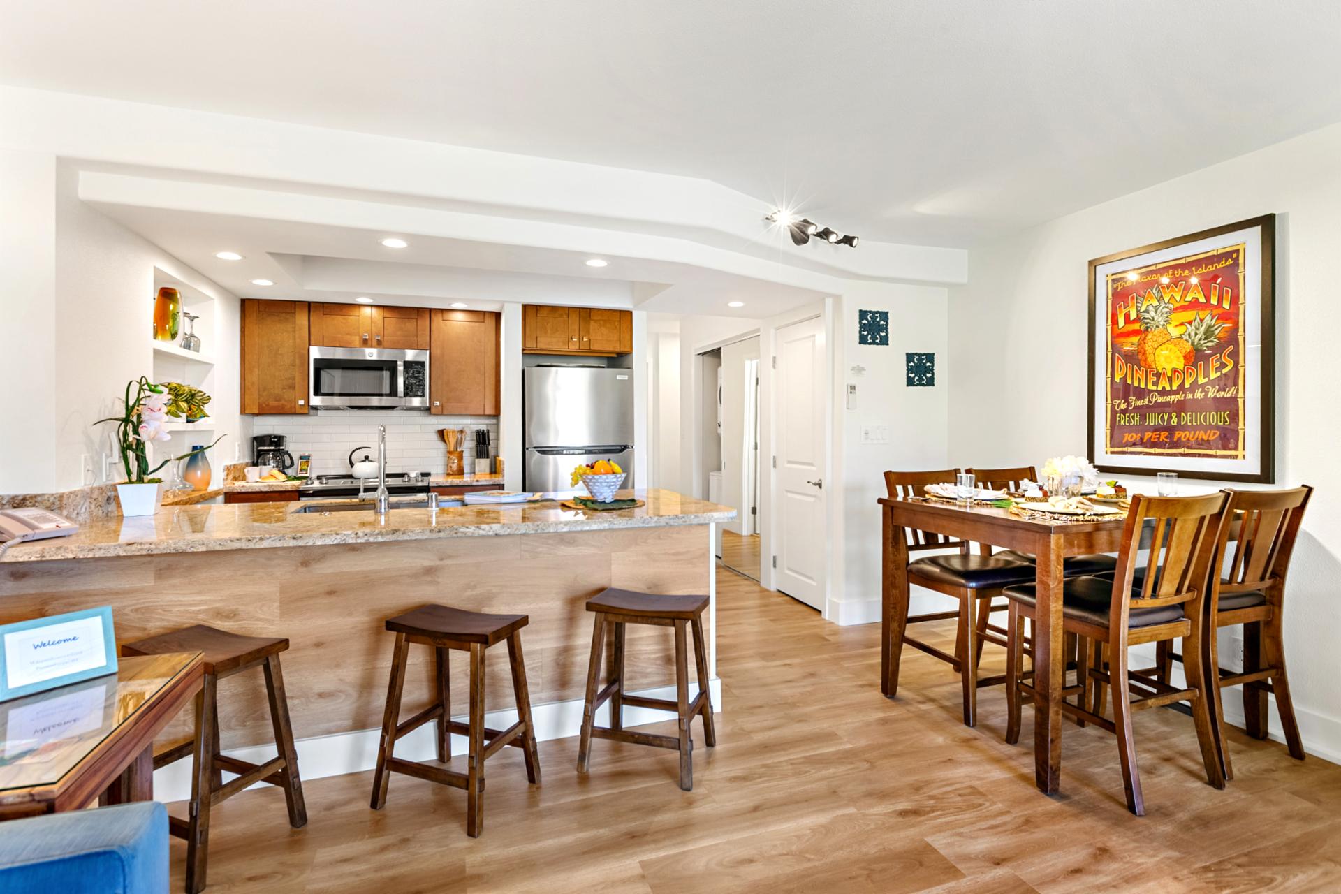 Your open-concept abode keeps everyone connected, whether they’re grabbing a snack, getting ready to head out, or napping on the lanai.