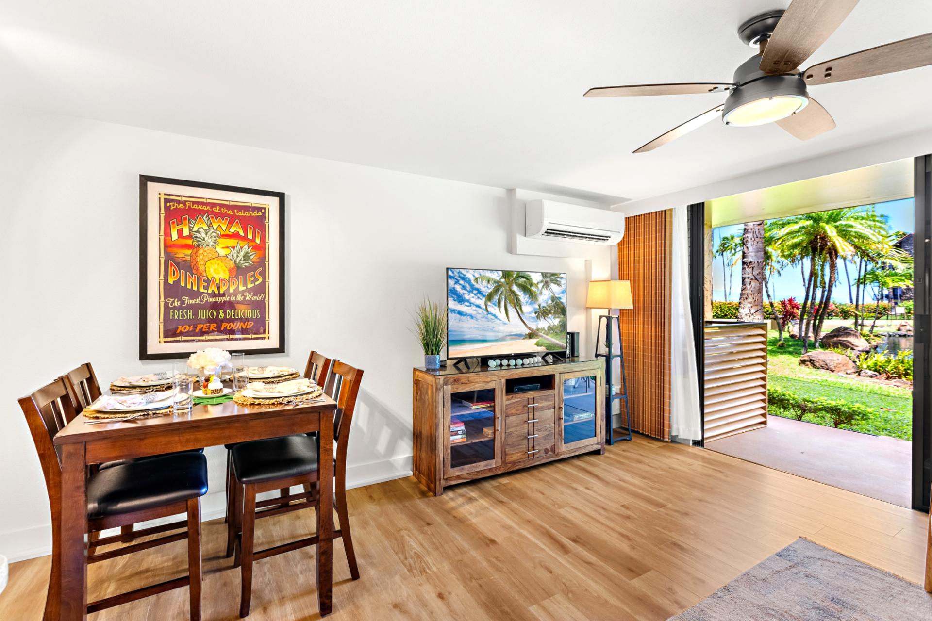 Your dining area flows effortlessly into the living space, making it easy to share breakfast before heading out to the beach.