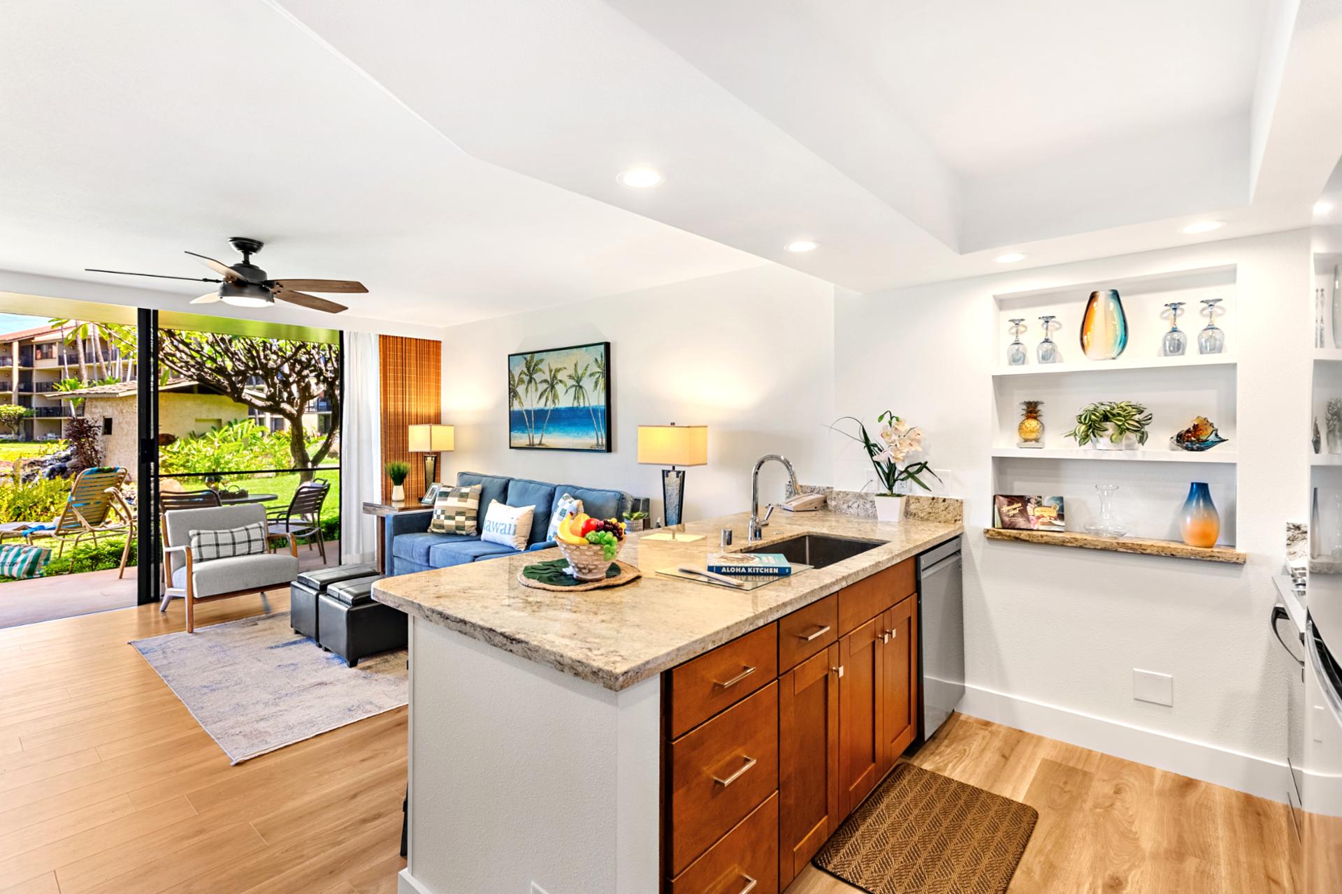 Generous counter space make your kitchen functional for both short and extended stays.