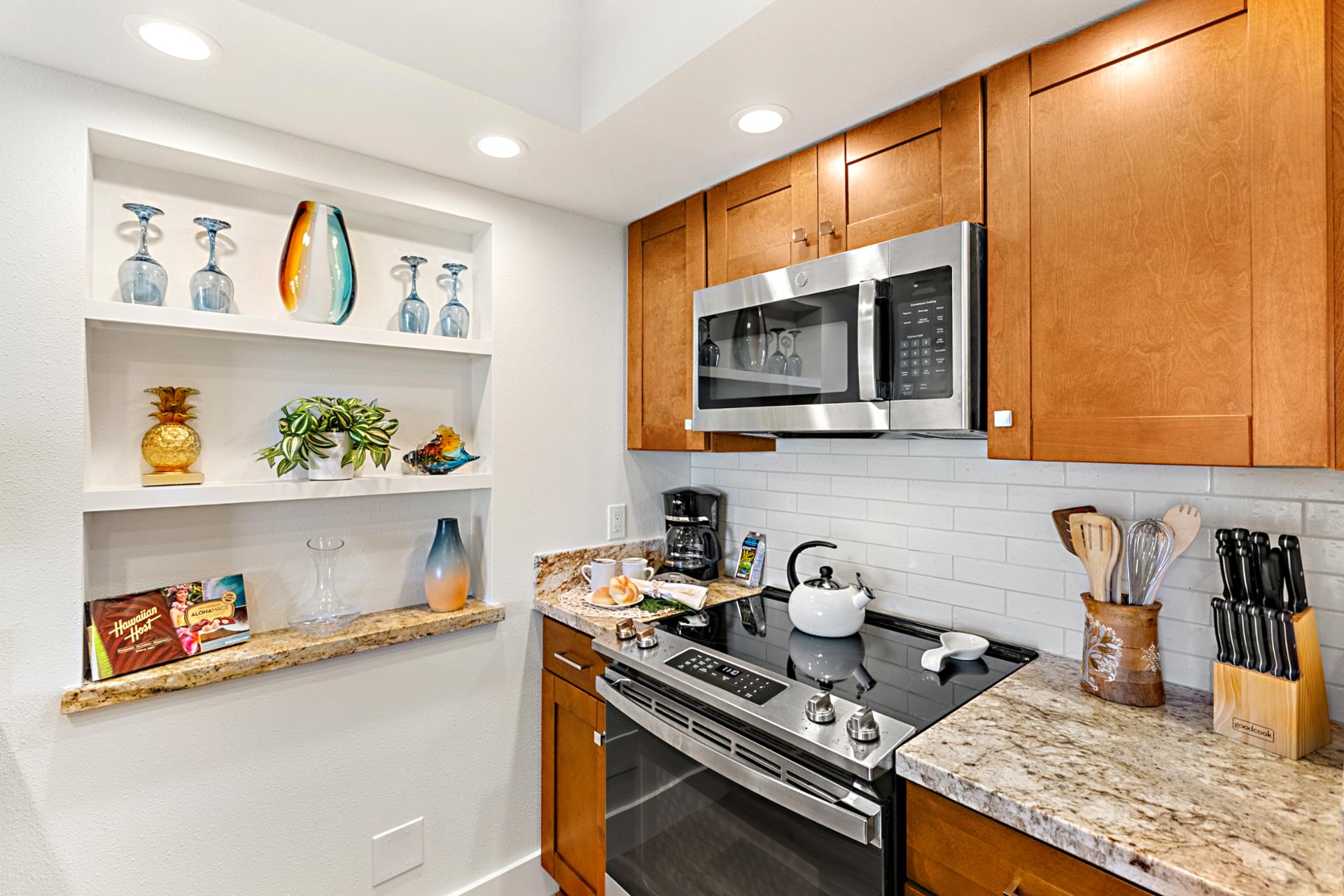 Bright cabinetry and open shelving add charm and convenience, so you can settle in and feel at home.