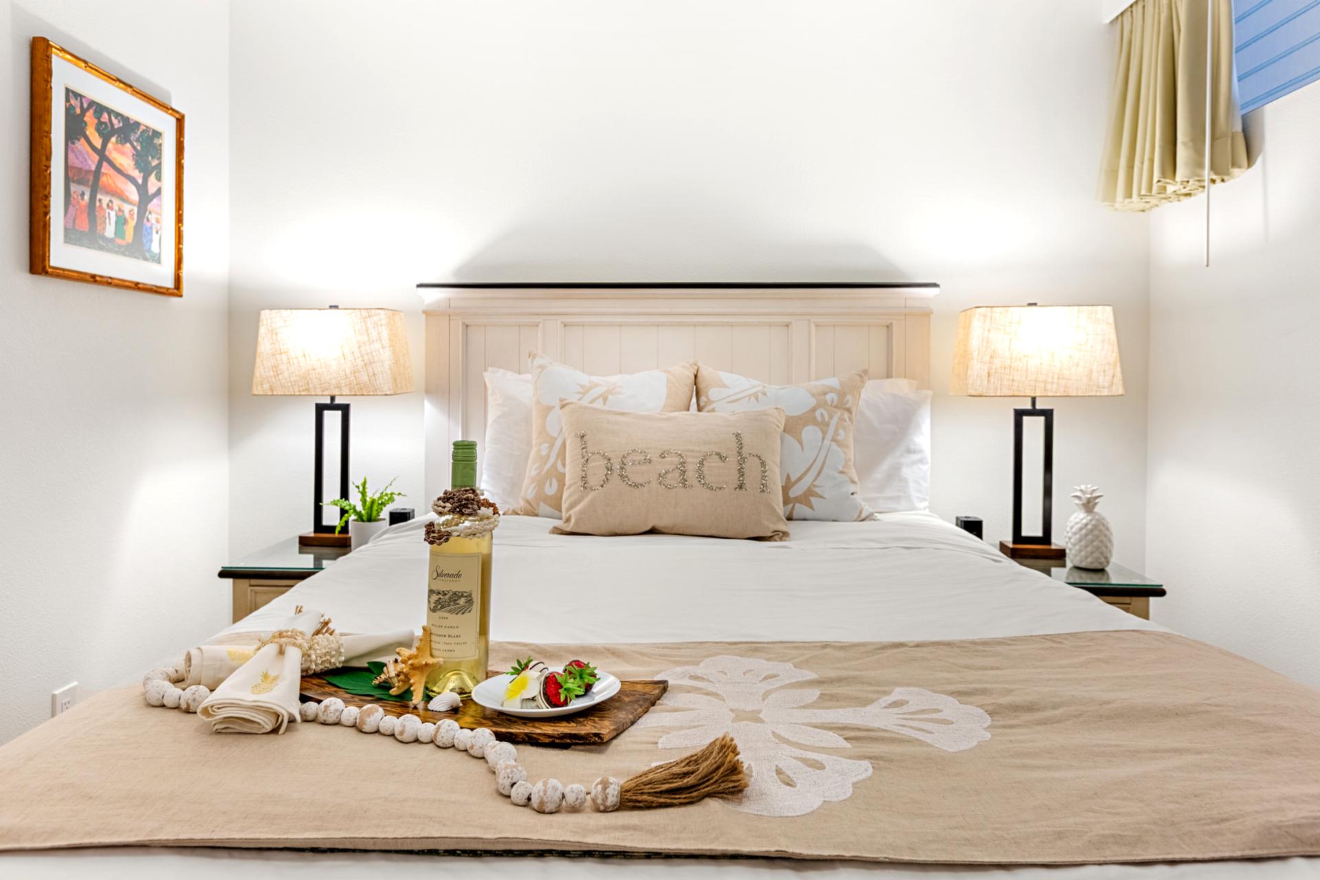 Neutral decor and plush bedding create a peaceful retreat where you can recharge between beach adventures.