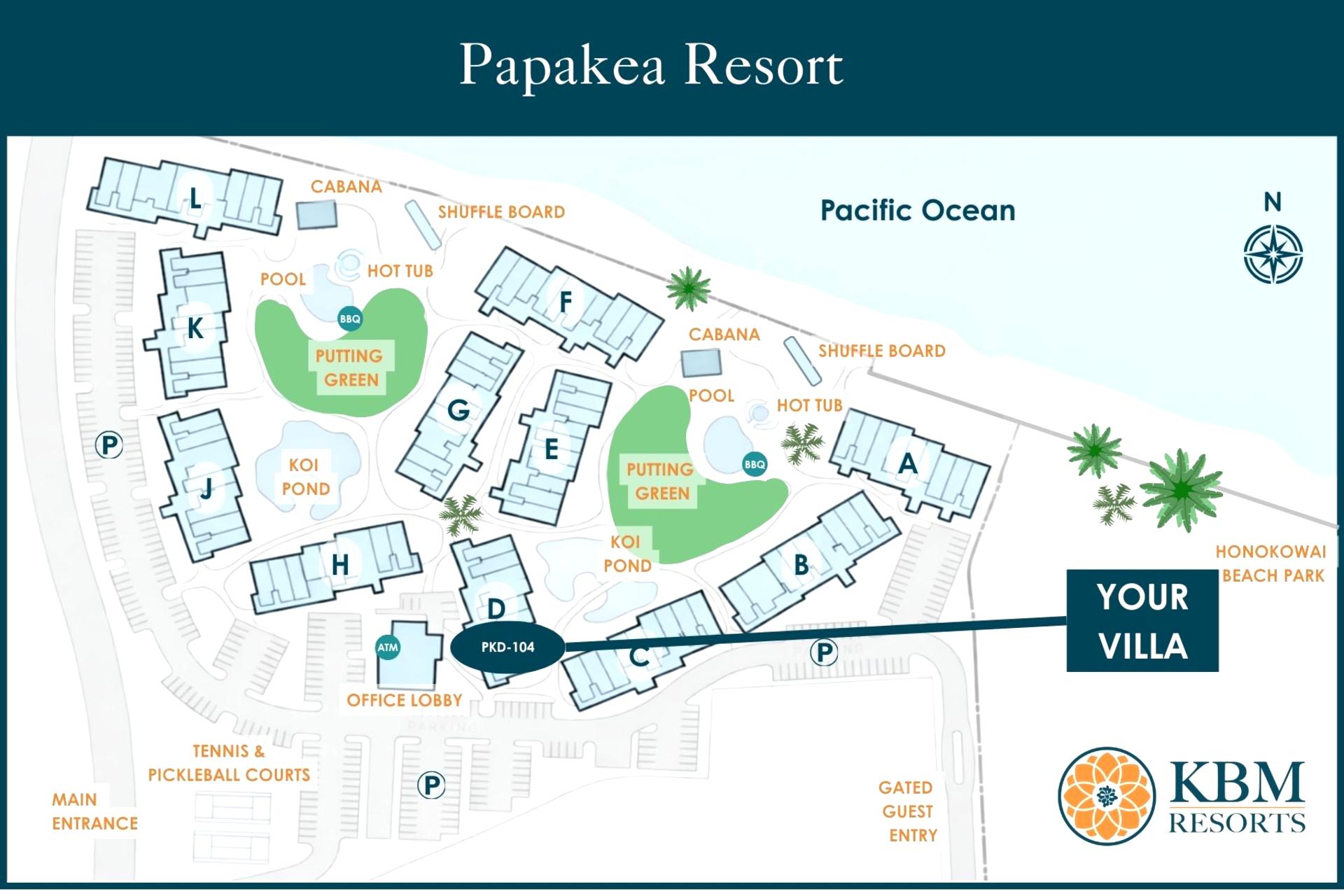 Review the Papakea Resort site map to see pools, putting greens, oceanfront paths, and your convenient location within the community.