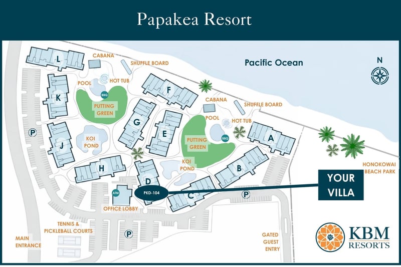 Review the Papakea Resort site map to see pools, putting greens, oceanfront paths, and your convenient location within the community. PKD-104