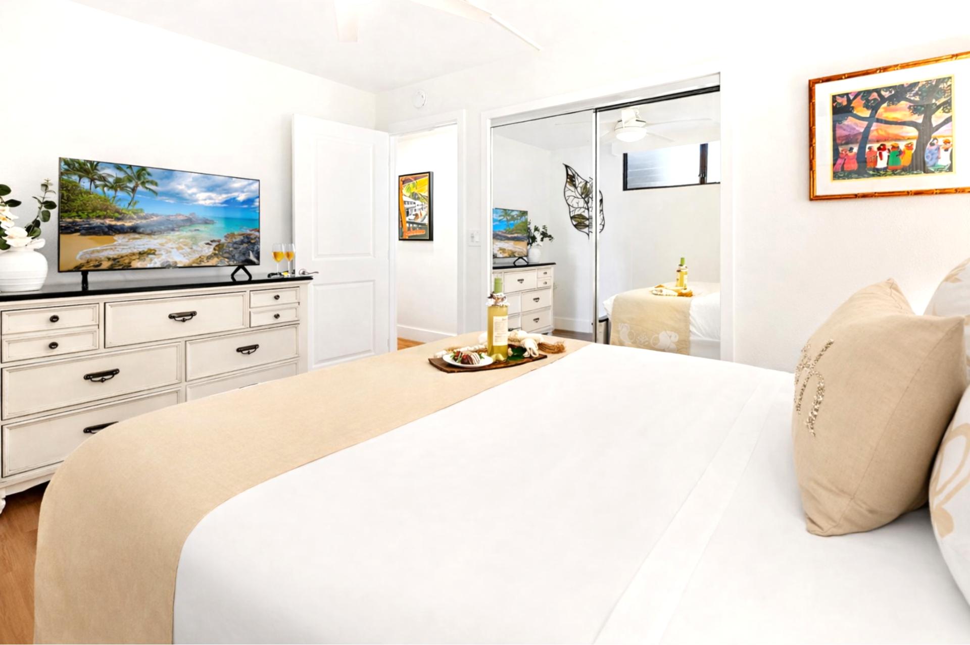 Your comfortable queen bed and soft lighting set the tone for slow mornings before stepping out to the lawn.