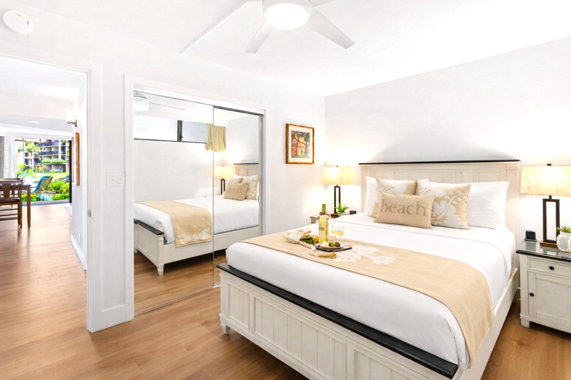 Enjoy quiet evenings in your bedroom with direct access to the hall bath and thoughtful storage for longer stays.