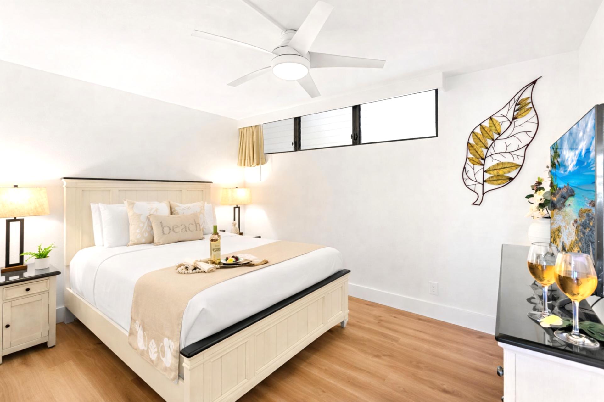 Wake up refreshed in your serene bedroom with ceiling fan and nearby split air conditioning for personalized comfort.