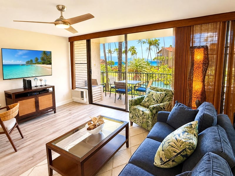 Unwind in the comfortable living area after a day exploring Maui's beaches, waterfalls, and scenic coastline