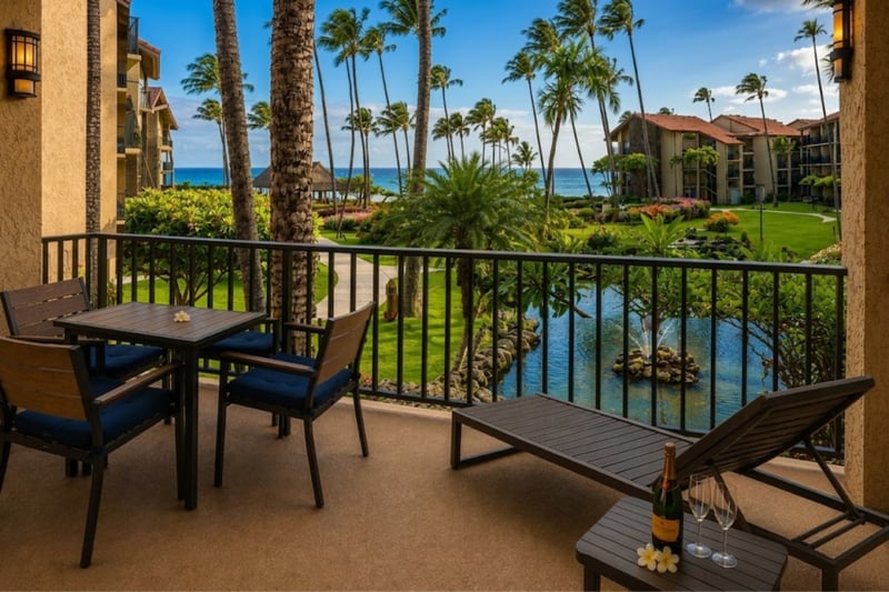 Enjoy morning coffee or sunset cocktails from your private lanai overlooking Papakea's lush tropical grounds PKD-204