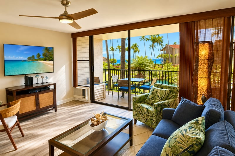 Unwind in the comfortable living area after a day exploring Maui's beaches, waterfalls, and scenic coastline PKD-204