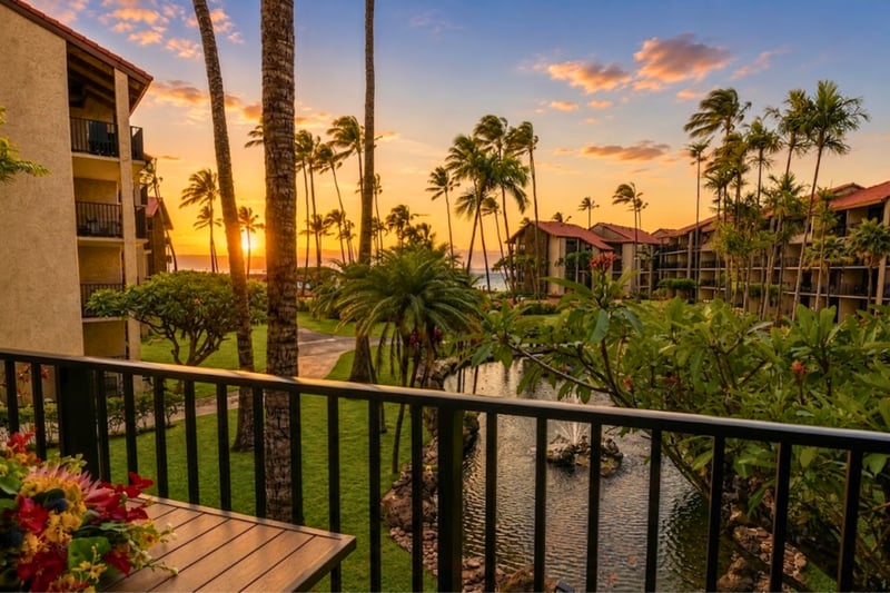 Stunning sunset views from your private lanai, overlooking the resort gardens and koi ponds.
