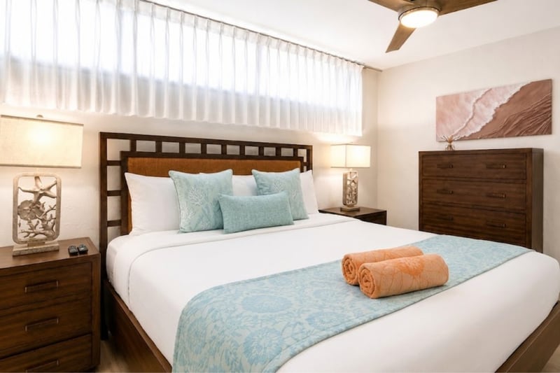 Designed for comfort and relaxation, the bedroom provides a tranquil setting to recharge after your island adventures