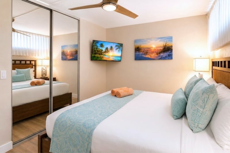 The serene primary bedroom offers a peaceful retreat in the heart of Papakea Resort
