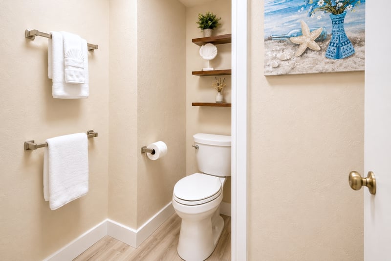 The bathroom offers a well lit, private area to get ready or unwind