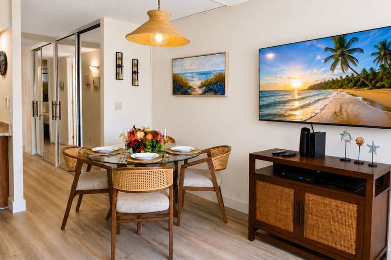 Beachy elegance meets modern comfort. We’ve designed this open-concept dining and living space with natural cane textures, warm wood tones, and subtle coastal touches so you can relax in style.