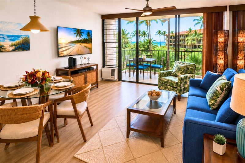 Enjoy seamless indoor-outdoor living with comfortable seating and easy access to the lanai