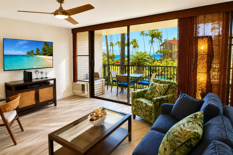 Unwind in the comfortable living area after a day exploring Maui's beaches, waterfalls, and scenic coastline