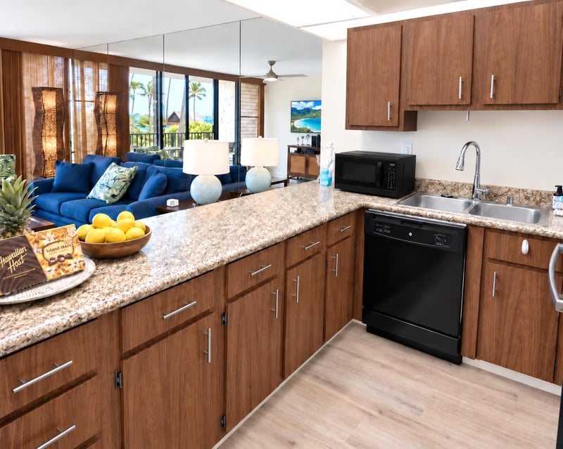 The updated kitchen combines functionality and convenience, making it easy to prepare meals before heading out to explore the island PKD-204