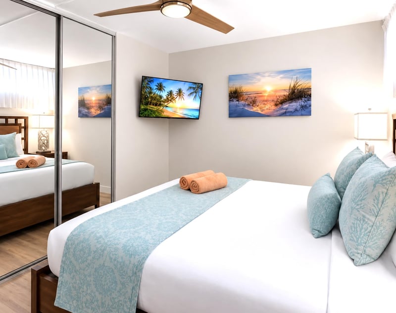 The serene primary bedroom offers a peaceful retreat in the heart of Papakea Resort PKD-204