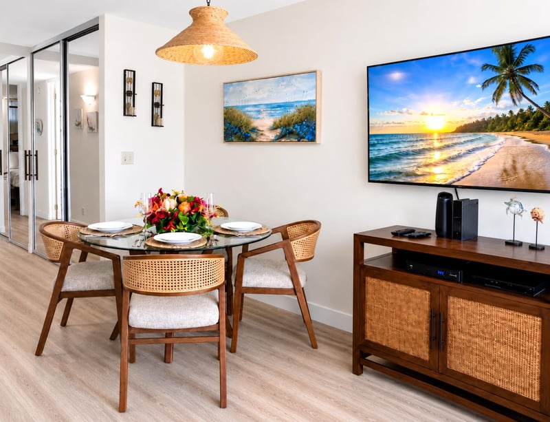 Beachy elegance meets modern comfort. We’ve designed this open-concept dining and living space with natural cane textures, warm wood tones, and subtle coastal touches so you can relax in style. PKD-204