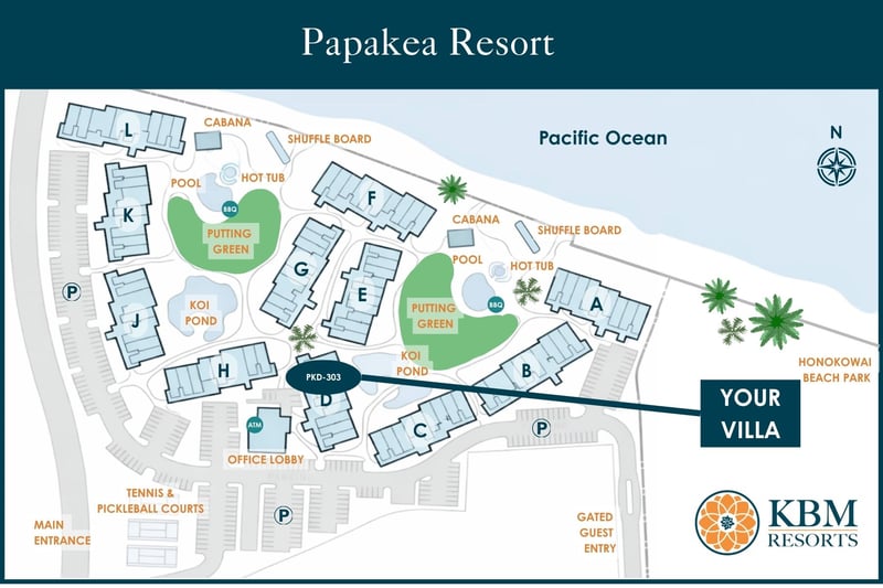 Resort map at Papakea Resort — Villa 303 sits near Building D, close to the putting green and koi pond