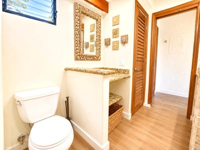 The bathroom features additional counterspace and tropical decor