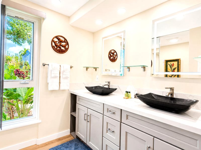 Pamper yourself with a relaxing routine in this bright and spacious bathroom