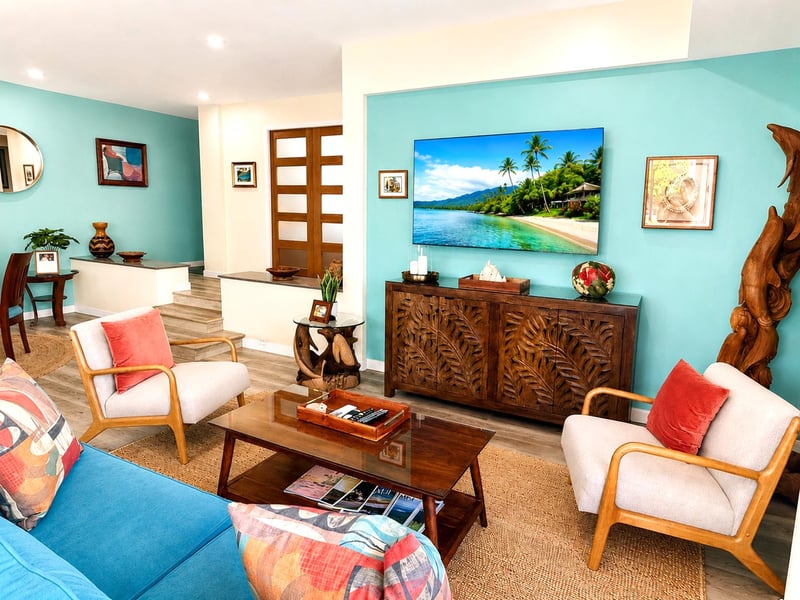 Enjoy colorful island-inspired decor while planning tomorrow's adventures