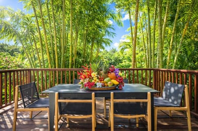 Surrounded by lush tropical foliage, this serene lanai offers the perfect spot for peaceful dining in nature’s embrace