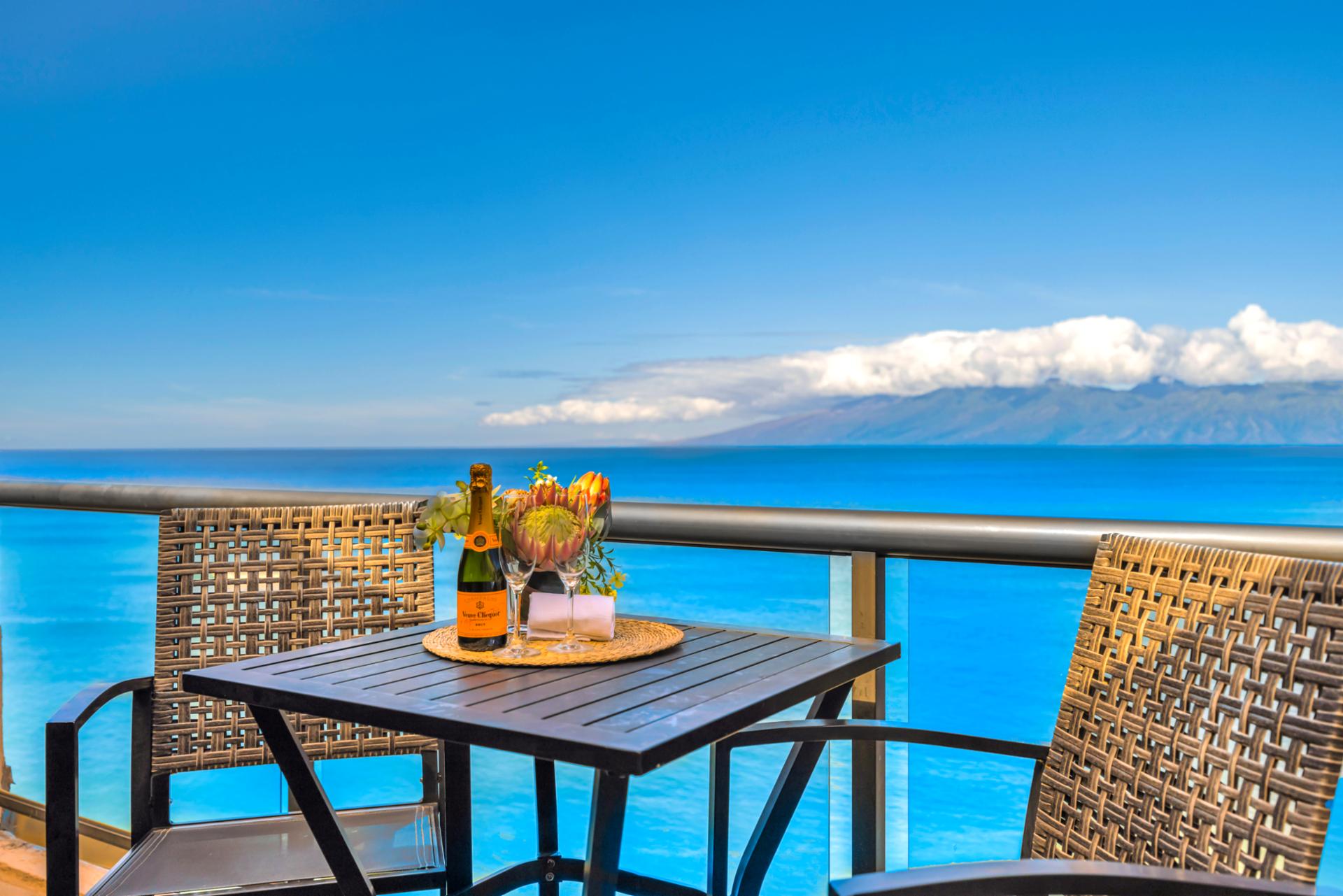 Start your day with coffee and sweeping views of Molokai from your private lanai with outdoor dining for four.