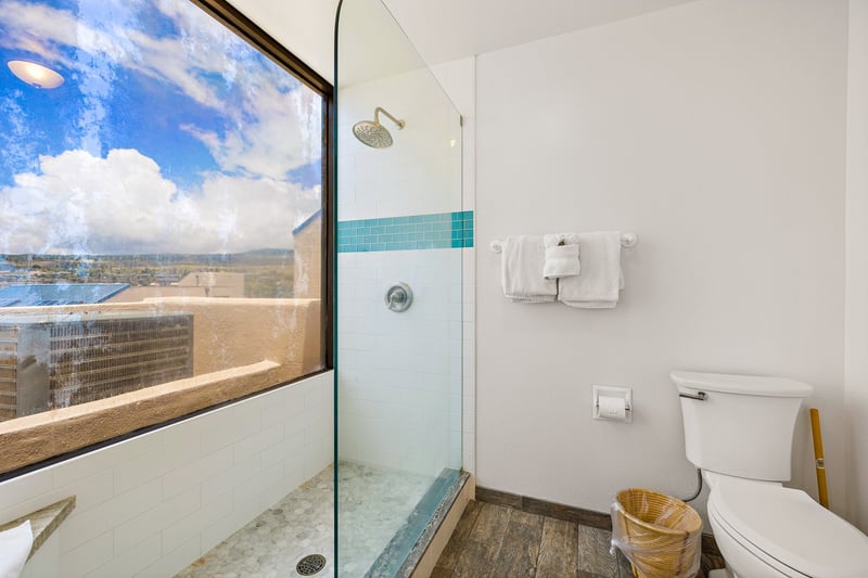 This modern bathroom blends gorgeous views with full privacy.