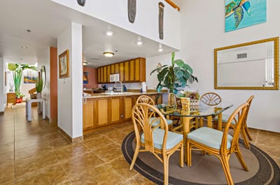 Gather for meals in your open, sun-filled dining area with seating for six.