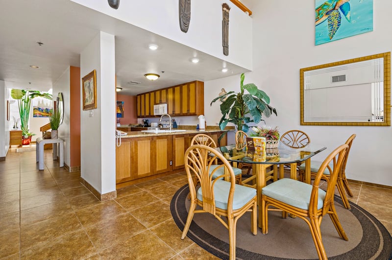 Gather for meals in your open, sun-filled dining area with seating for six.