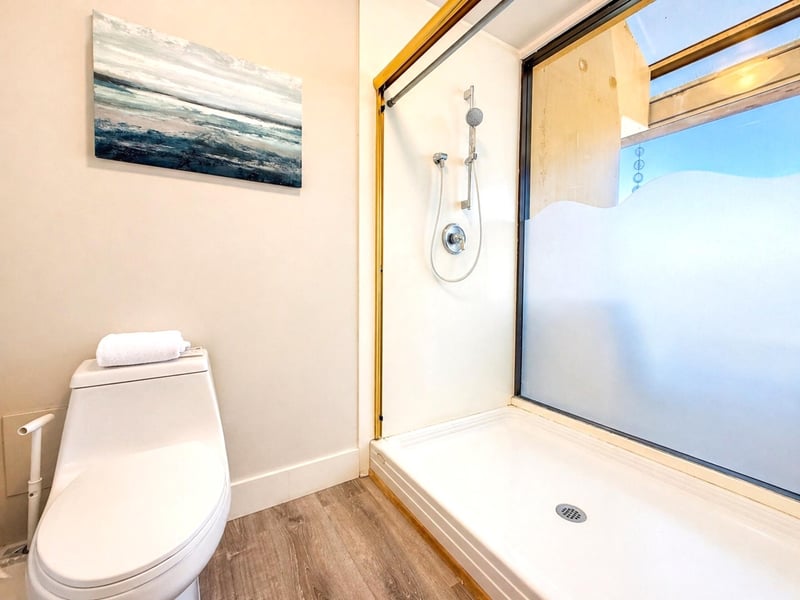 The guest bathroom is clean and well-appointed, with a walk in shower