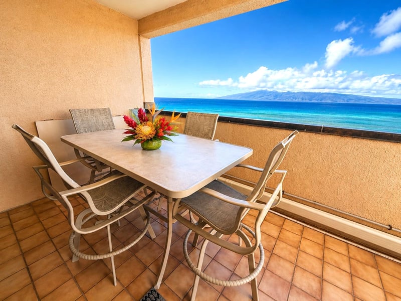 Step outside to take in the ocean and neighboring islands on a clear Maui day