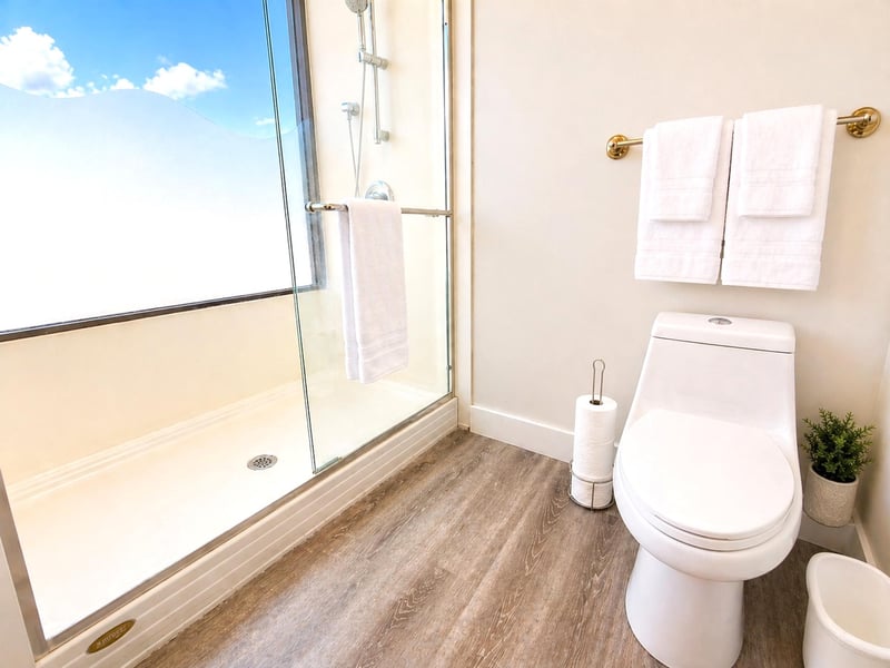The clean third guest bathroom features a walk in, glass door shower and handheld showerhead