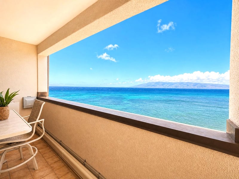 A comfortable lanai seating area set against a wide ocean horizon