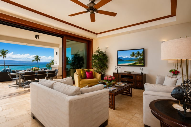 Spacious living room with full ocean views opens directly onto the lanai MON-1303