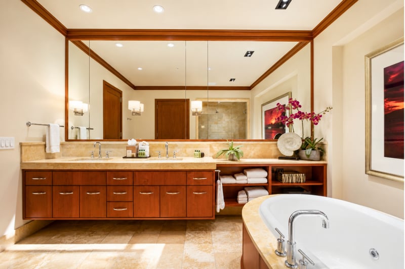 Elegant and tranquil, this master bath features a serene soaking space MON-1303