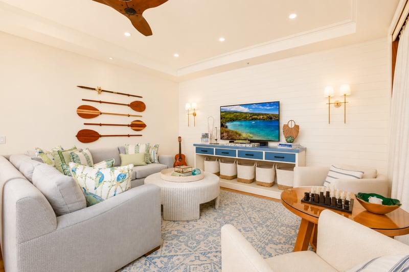 Primary bedroom at The Resort at Kapalua Bay MON-2206 — king bed, private daybed sofa, and sliding glass doors to a lanai retreat MON-2206