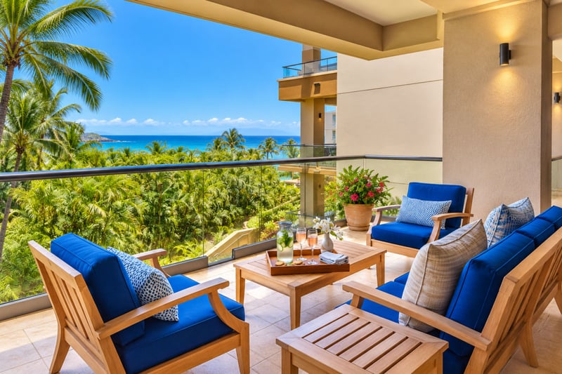 Private lanai with teak seating, blue cushions, and ocean views over tropical gardens
