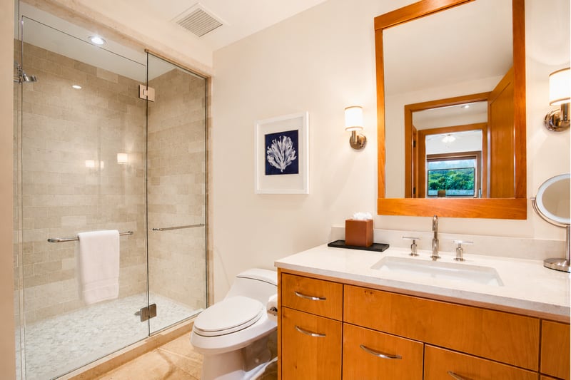 Guest bathroom at The Resort at Kapalua Bay MON-6301 — glass shower, vanity, and coastal-inspired coral art