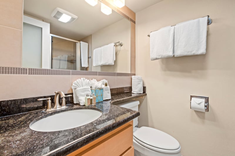 A well-appointed master bathroom featuring a dual-view vanity, plush towels, and thoughtful amenities for daily ease