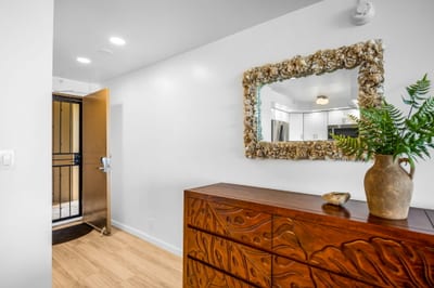 The entry sets a welcoming tone with warm wood tones, a mirror, and natural light from the interior VIR-107