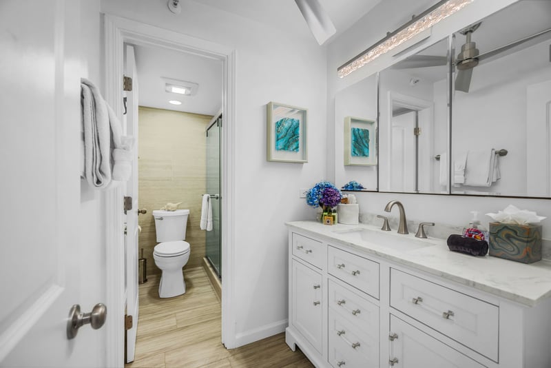 The master bath features a spacious, well lit vanity with white cabinetry