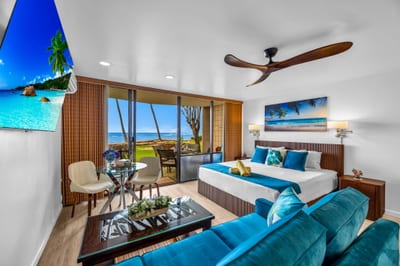 The recently updated living space features coastal decor VIR-107