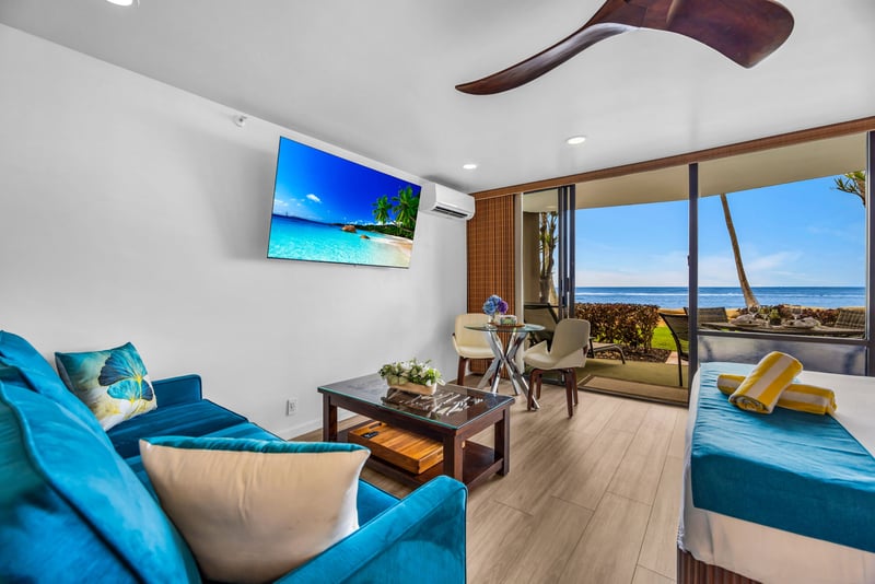 The living space naturally connects the inside with the outdoors