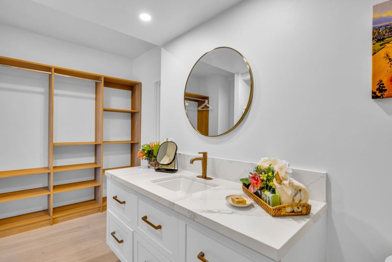 Bright vanity space for getting ready island-style