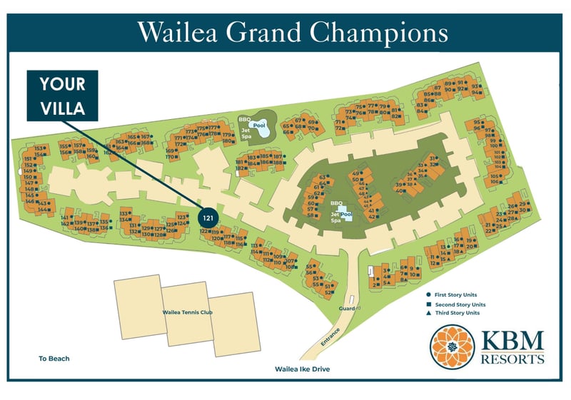 Resort map at Wailea Grand Champions — Villa 121 sits near the front of the property, a short walk to the Wailea Tennis Club
